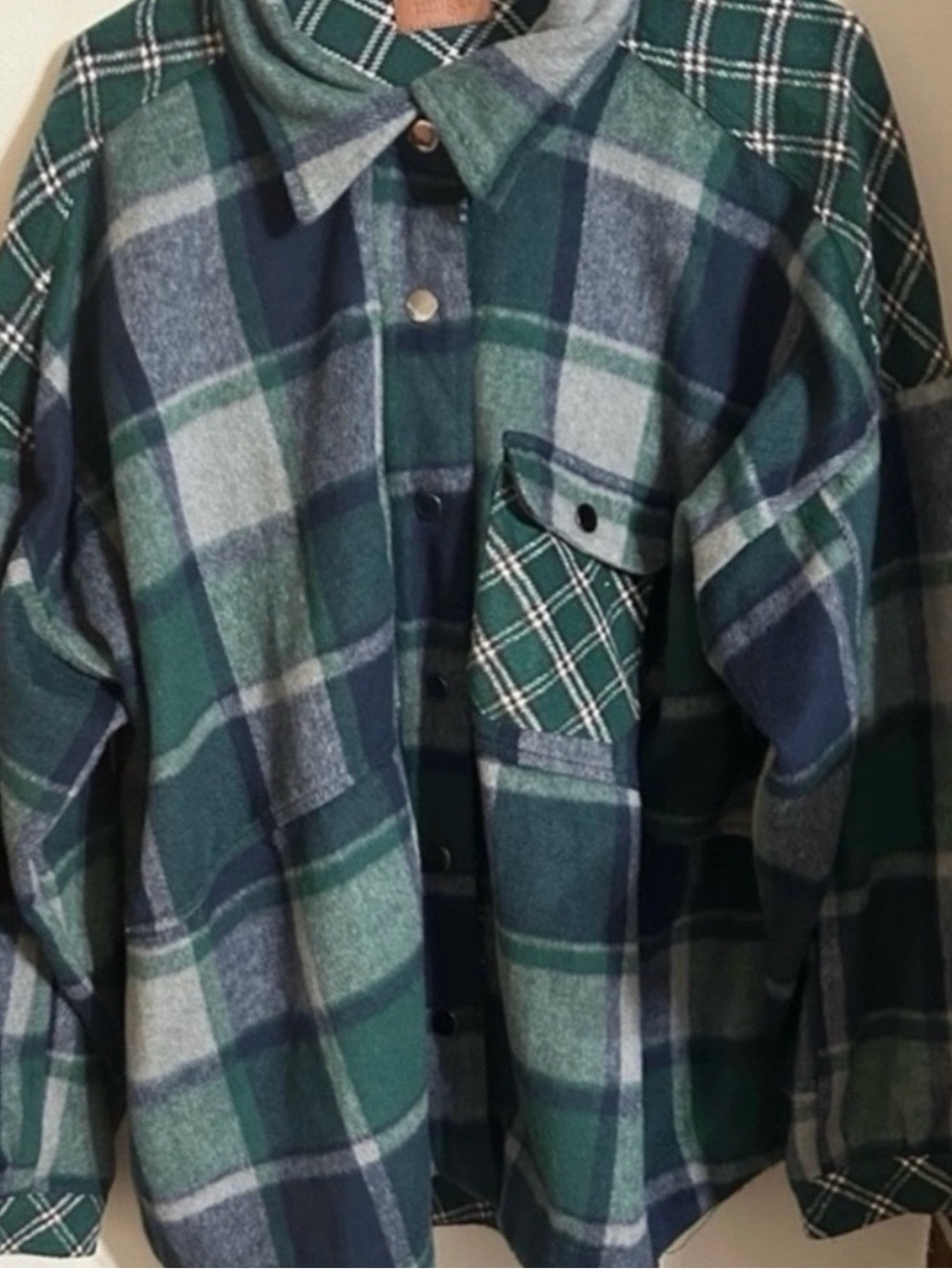 Umgee Size 2x Green & Navy Plaid Button-Front Shirt Jacket Shacket